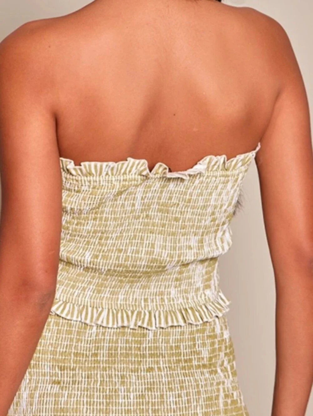 PRETTY LITTLE THING Sage Pinstripe Bandeau Frill Edge Shirred Top Co-ord 2 NWT